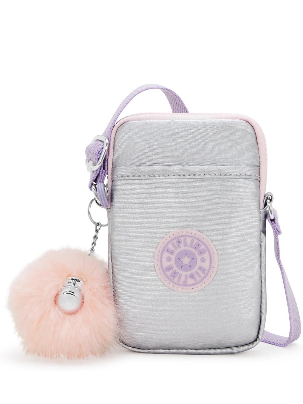 Kipling Silver Crossbody Pouch with Lavender Trim & Pink Pom